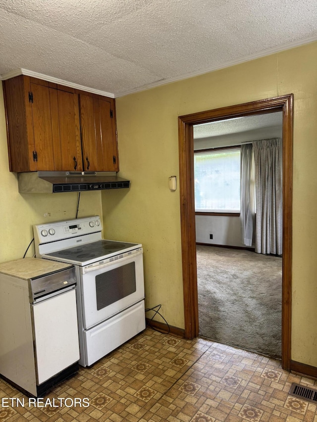 2101 NW Chillicothe St, Knoxville, TN 37921 - kitchen featuring white range with electric stovetop, ventilation hood, a textured ceiling, brown cabinetry, and brick patterned floors