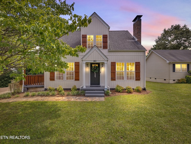 1100 Cedar Ln, Knoxville, TN 37912 - modern farmhouse style home featuring a shingled roof, a lawn, board and batten siding, and a chimney