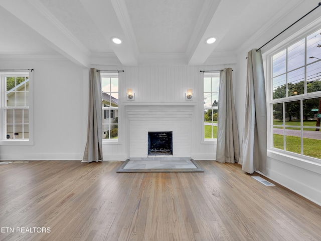 1100 Cedar Ln, Knoxville, TN 37912 - unfurnished living room featuring crown molding, wood finished floors, a brick fireplace, and recessed lighting