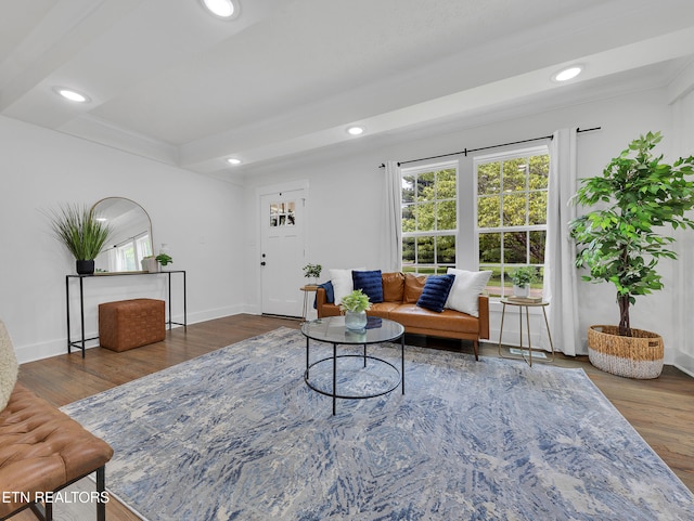 1100 Cedar Ln, Knoxville, TN 37912 - living area with wood finished floors, recessed lighting, beamed ceiling, and crown molding