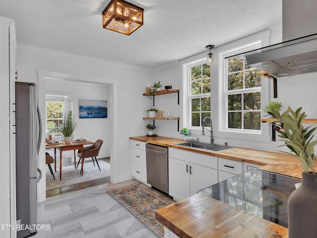 1100 Cedar Ln, Knoxville, TN 37912 - kitchen featuring wooden counters, appliances with stainless steel finishes, exhaust hood, white cabinets, and plenty of natural light