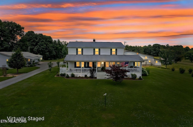 1292 Deer Lodge Hwy, Sunbright, TN 37872 - farmhouse-style home with a porch, a yard, a metal roof, and a chimney