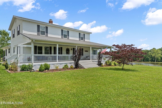 1292 Deer Lodge Hwy, Sunbright, TN 37872 - farmhouse-style home with a chimney, a water view, a porch, and a front yard