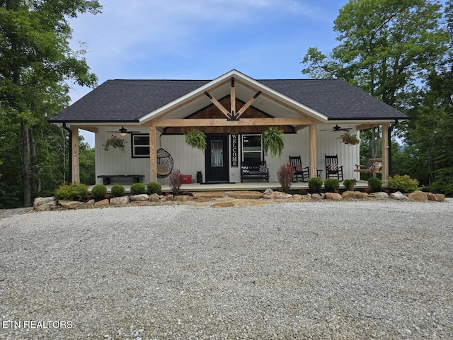 669 Crooked Branch Pvt Rd, Huntsville, TN 37756 - view of front of house with ceiling fan, a shingled roof, and covered porch