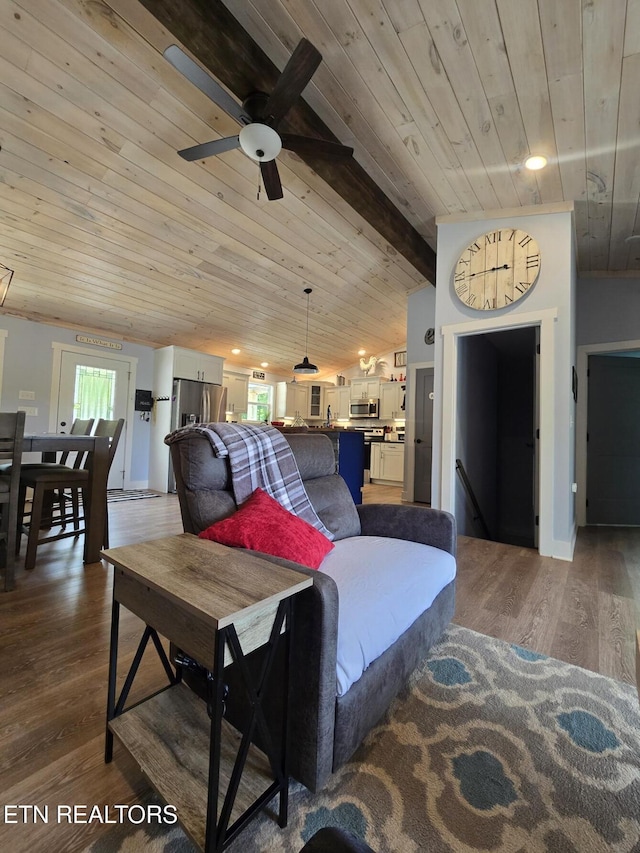 669 Crooked Branch Pvt Rd, Huntsville, TN 37756 - living area with wooden ceiling, a ceiling fan, wood finished floors, and lofted ceiling