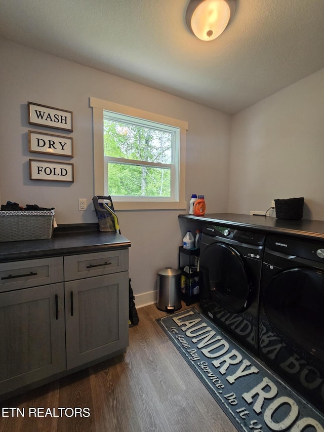 669 Crooked Branch Pvt Rd, Huntsville, TN 37756 - laundry room featuring washing machine and dryer, dark wood-type flooring, and cabinet space