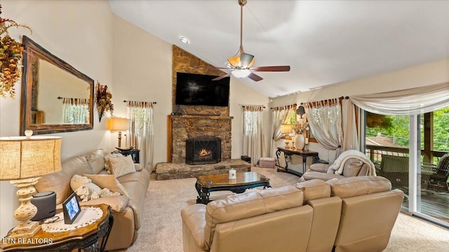 573 Hilltop Dr, Jacksboro, TN 37757 - living room with a ceiling fan, a fireplace, carpet floors, and high vaulted ceiling