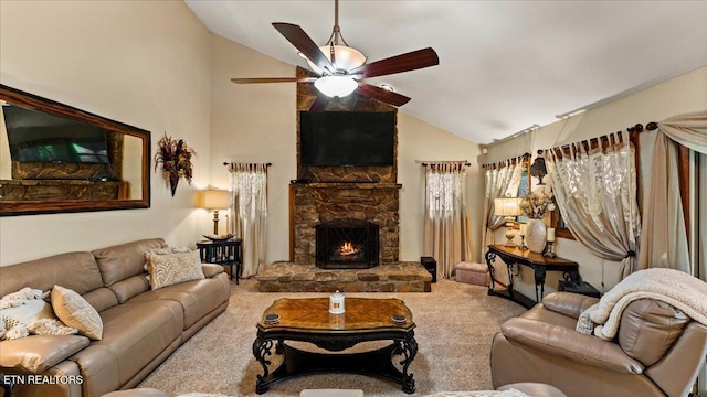 573 Hilltop Dr, Jacksboro, TN 37757 - living area with a ceiling fan, carpet floors, a stone fireplace, and high vaulted ceiling