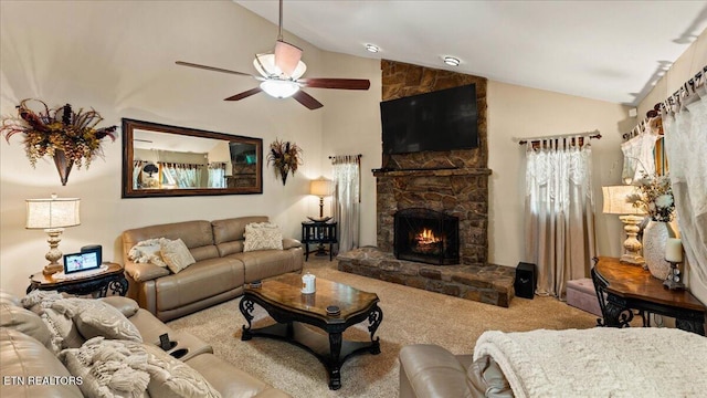 573 Hilltop Dr, Jacksboro, TN 37757 - living area with a fireplace, carpet floors, ceiling fan, and high vaulted ceiling