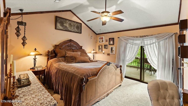 573 Hilltop Dr, Jacksboro, TN 37757 - bedroom with access to outside, light carpet, vaulted ceiling, crown molding, and a textured ceiling
