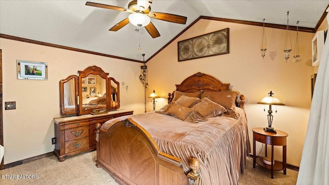 573 Hilltop Dr, Jacksboro, TN 37757 - bedroom with light carpet, lofted ceiling, crown molding, and ceiling fan