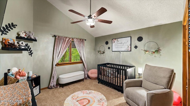 573 Hilltop Dr, Jacksboro, TN 37757 - bedroom featuring carpet flooring, a crib, ceiling fan, high vaulted ceiling, and a textured ceiling