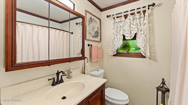 573 Hilltop Dr, Jacksboro, TN 37757 - bathroom with crown molding, vanity, and a textured ceiling