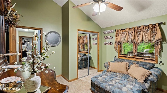 573 Hilltop Dr, Jacksboro, TN 37757 - living room with lofted ceiling, carpet floors, and ceiling fan