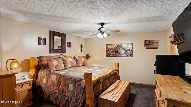 573 Hilltop Dr, Jacksboro, TN 37757 - bedroom featuring dark carpet, ceiling fan, and a textured ceiling