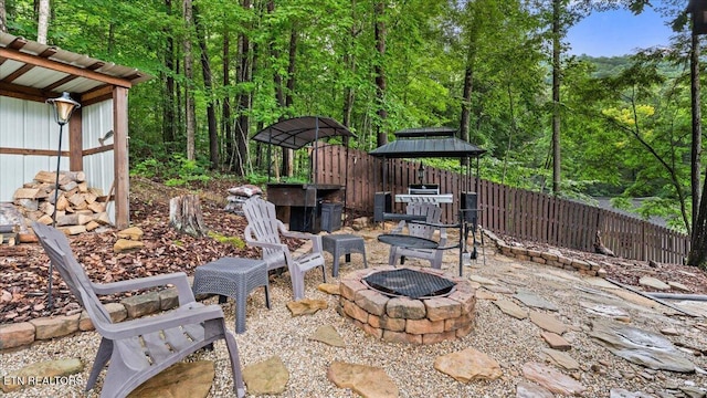 573 Hilltop Dr, Jacksboro, TN 37757 - view of patio with an outdoor fire pit and a view of trees