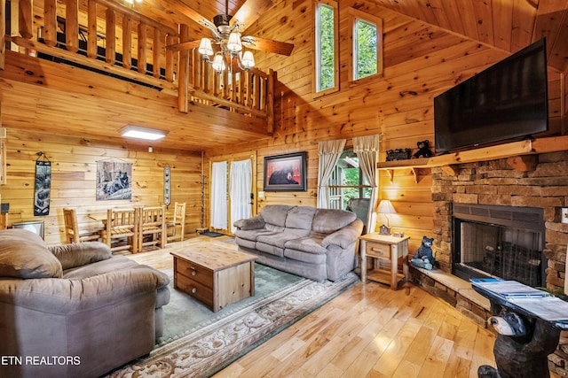 1930 Orchard Dr, Sevierville, TN 37876 - living area featuring wooden walls, high vaulted ceiling, hardwood / wood-style flooring, a fireplace, and a ceiling fan