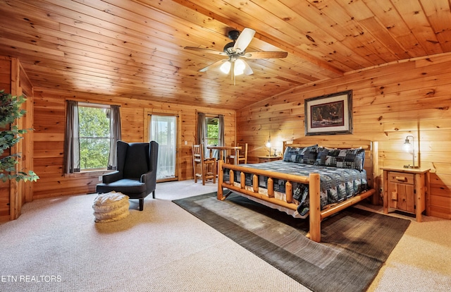 1930 Orchard Dr, Sevierville, TN 37876 - bedroom featuring carpet, lofted ceiling, wood walls, wooden ceiling, and access to outside