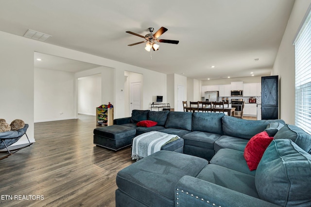 3235 NE Rolling Meadow Way, Cleveland, TN 37323 - living room featuring dark wood finished floors, ceiling fan, healthy amount of natural light, and recessed lighting
