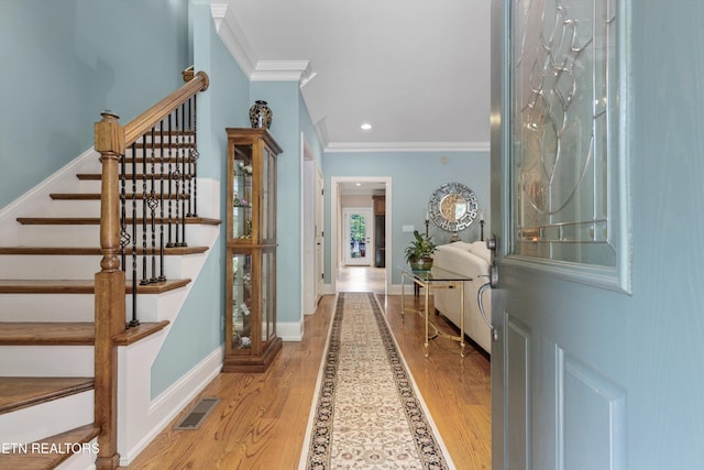232 Park Meade Pl, Oak Ridge, TN 37830 - foyer featuring ornamental molding, light wood finished floors, stairway, and recessed lighting