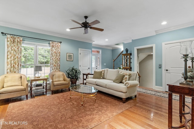 232 Park Meade Pl, Oak Ridge, TN 37830 - living area with wood finished floors, stairs, a ceiling fan, crown molding, and recessed lighting