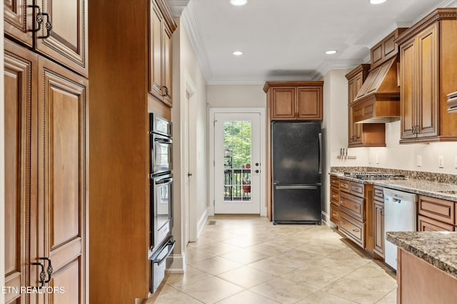 232 Park Meade Pl, Oak Ridge, TN 37830 - kitchen with freestanding refrigerator, dishwasher, custom range hood, a warming drawer, and ornamental molding