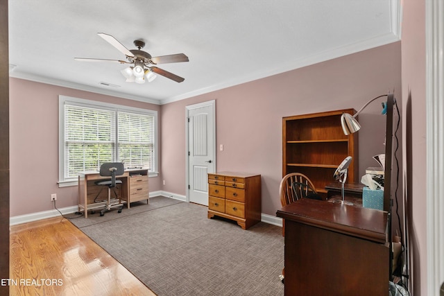 232 Park Meade Pl, Oak Ridge, TN 37830 - office space featuring ceiling fan, crown molding, and wood finished floors