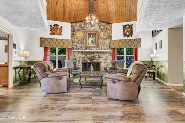 3950 Castle Rd, Gatlinburg, TN 37738 - living room with a fireplace, hardwood / wood-style floors, wainscoting, and wooden ceiling
