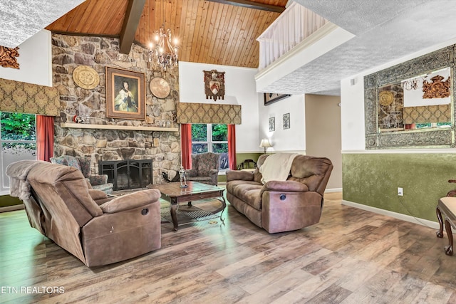 3950 Castle Rd, Gatlinburg, TN 37738 - living area with wood finished floors, a stone fireplace, beamed ceiling, and high vaulted ceiling