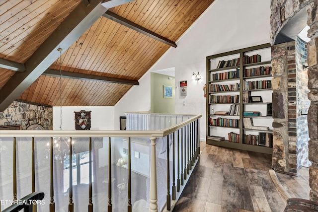 3950 Castle Rd, Gatlinburg, TN 37738 - hall featuring a wood ceiling with exposed beams, hardwood / wood-style flooring, an upstairs landing, and high vaulted ceiling