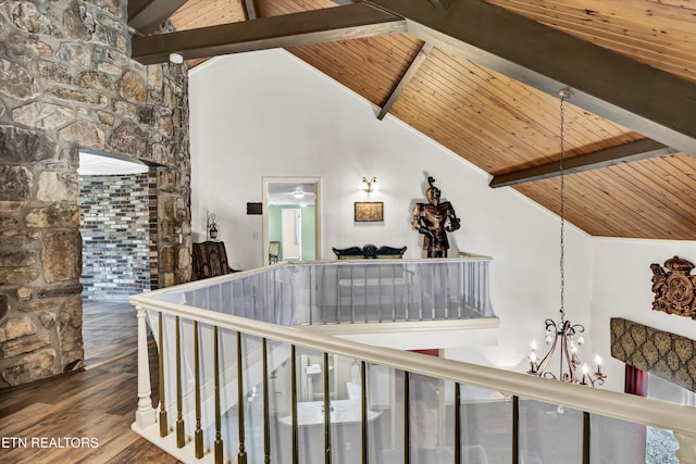 3950 Castle Rd, Gatlinburg, TN 37738 - stairs featuring wood ceiling, a chandelier, and wood finished floors