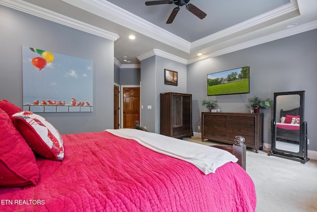 203 Georgian Ln, Sevierville, TN 37862 - bedroom with carpet, recessed lighting, ornamental molding, ceiling fan, and a tray ceiling