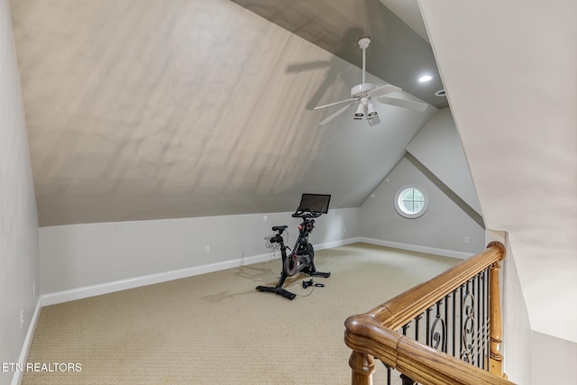203 Georgian Ln, Sevierville, TN 37862 - workout area featuring lofted ceiling, ceiling fan, carpet flooring, and recessed lighting