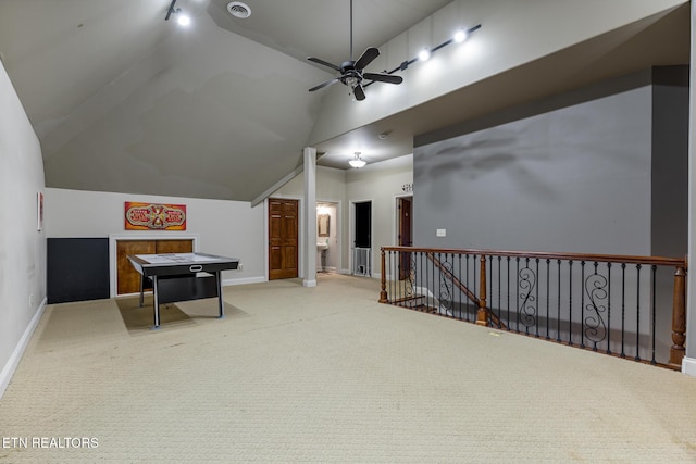 203 Georgian Ln, Sevierville, TN 37862 - rec room featuring a ceiling fan, carpet flooring, and vaulted ceiling
