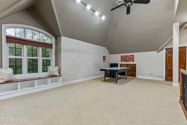 203 Georgian Ln, Sevierville, TN 37862 - rec room featuring lofted ceiling, ceiling fan, and light colored carpet