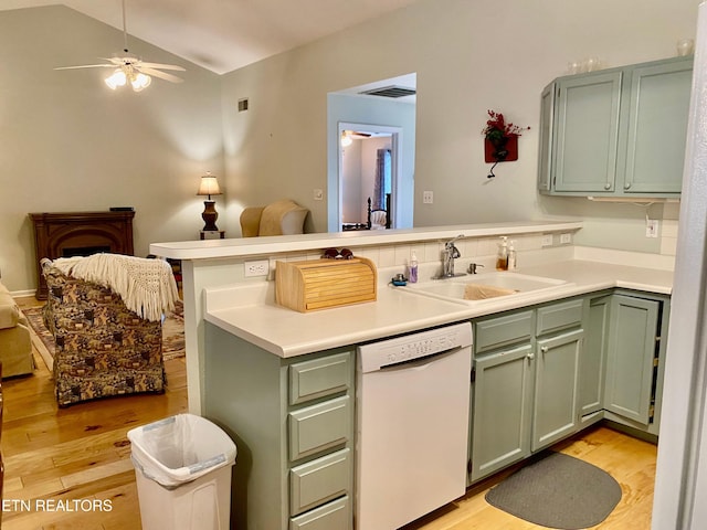 209 Commander Way, Knoxville, TN 37934 - kitchen with white dishwasher, green cabinets, a peninsula, ceiling fan, and vaulted ceiling