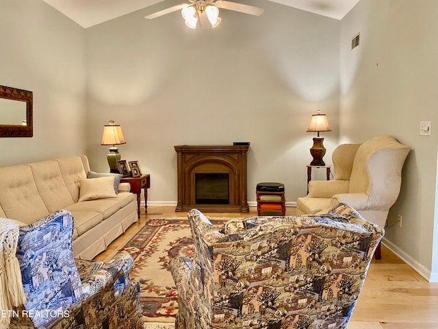 209 Commander Way, Knoxville, TN 37934 - living room with ceiling fan, light wood-type flooring, high vaulted ceiling, and a fireplace