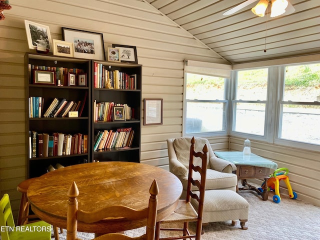 209 Commander Way, Knoxville, TN 37934 - sitting room featuring vaulted ceiling, carpet, wood walls, and a ceiling fan