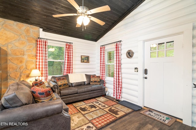 1065 Shell Mountain Rd, Sevierville, TN 37876 - living area with lofted ceiling, wood ceiling, wood finished floors, and ceiling fan