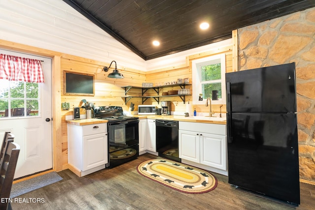 1065 Shell Mountain Rd, Sevierville, TN 37876 - kitchen featuring black appliances, wood ceiling, dark wood finished floors, white cabinets, and lofted ceiling