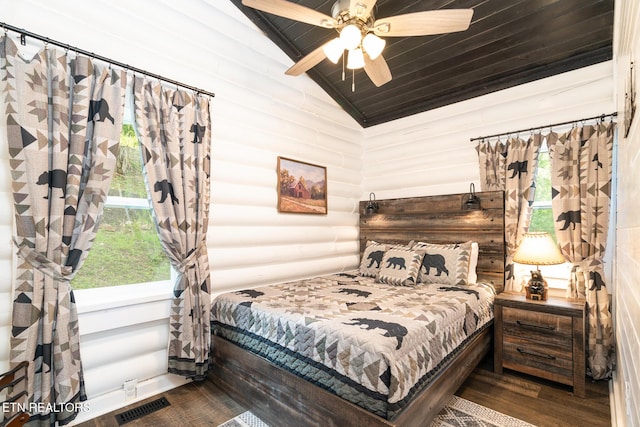 1065 Shell Mountain Rd, Sevierville, TN 37876 - bedroom featuring wood finished floors, lofted ceiling, multiple windows, a ceiling fan, and wooden ceiling