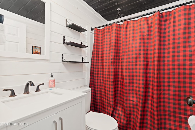 1065 Shell Mountain Rd, Sevierville, TN 37876 - bathroom featuring vanity, a shower with shower curtain, wood walls, and wooden ceiling