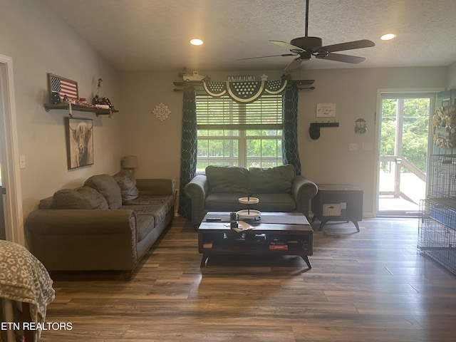 1843 Tazewell Pike, Corryton, TN 37721 - living room with a ceiling fan, wood finished floors, a textured ceiling, and recessed lighting