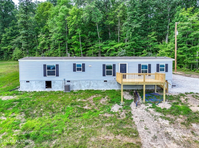 750 Bethlehem Rd, Lafollette, TN 37766 - view of front of home with a wooden deck, a wooded view, crawl space, and a front lawn