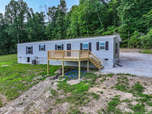 750 Bethlehem Rd, Lafollette, TN 37766 - view of front facade featuring a wooden deck, a forest view, and crawl space