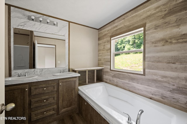 750 Bethlehem Rd, Lafollette, TN 37766 - bathroom with wooden walls, double vanity, a bath, and crown molding