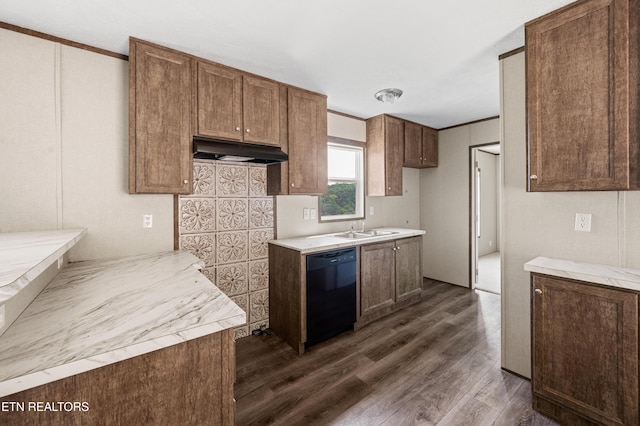750 Bethlehem Rd, Lafollette, TN 37766 - kitchen featuring dishwasher, dark wood finished floors, under cabinet range hood, light countertops, and crown molding