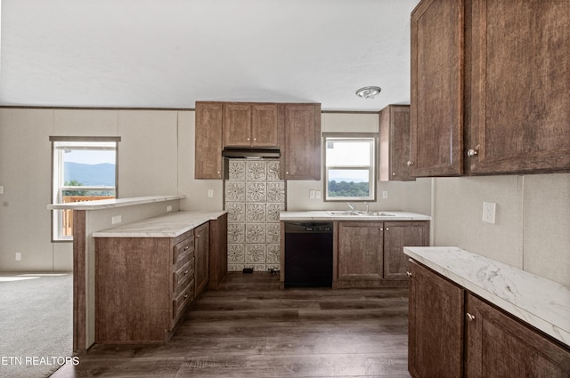 750 Bethlehem Rd, Lafollette, TN 37766 - kitchen featuring black dishwasher, a peninsula, light countertops, dark wood-style floors, and under cabinet range hood