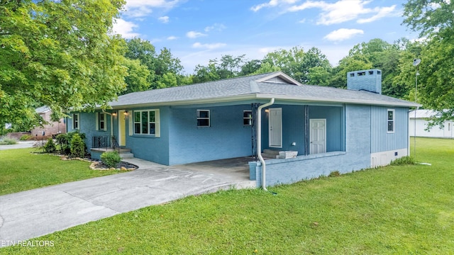 3408 Hackberry Rd, Knoxville, TN 37931 - ranch-style house with concrete driveway, a chimney, a front yard, a carport, and brick siding