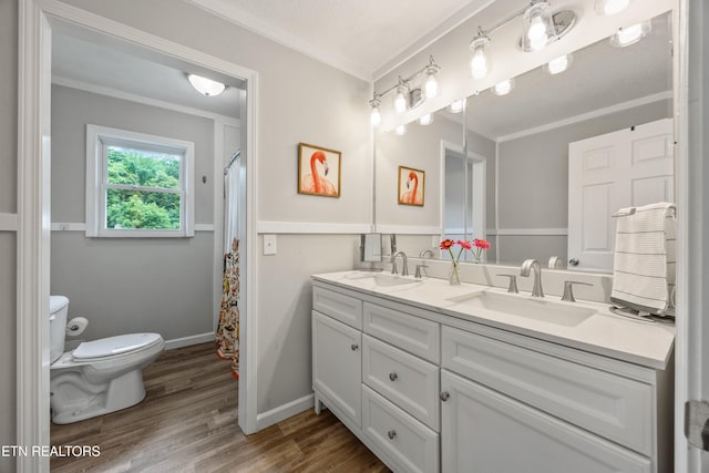 3408 Hackberry Rd, Knoxville, TN 37931 - bathroom with double vanity, ornamental molding, wood finished floors, and curtained shower